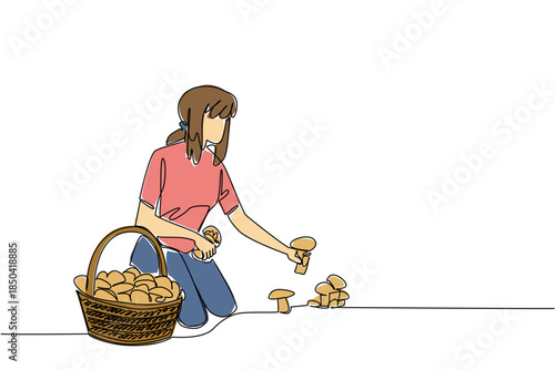 Single one line drawing a woman picking mushrooms and rattan basket full of mushrooms. Harvesting from tropical rainforests. National Mushroom Hunting Day. Continuous line design graphic illustration