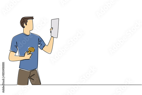 Single continuous line drawing a man holding a book and other hand holding a mushroom. Observing types and shapes based on science. National Mushroom Hunting Day. One line design vector illustration