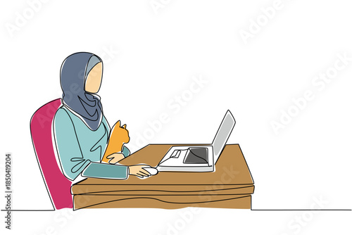 Single continuous line drawing an arab woman sits on a chair typing on a laptop and hugging a cat. Work seriously even from home. National Work From Home Day. One line design vector illustration
