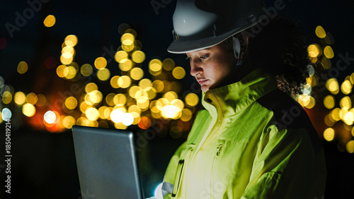 Photos A close up of a female industrial worker in a hard hat and safety gear looking at a lit up factory or refinery at night