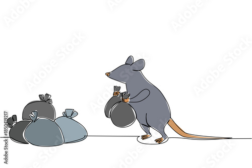 Single one line drawing the rat walks with both hands carrying a trash bag. Bring trash bags based on type. Easy to recycle. Ecology. National Pack Rat Day. Continuous line design graphic illustration