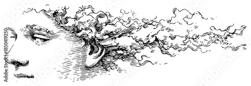 Side profile of a face with hair turning into smoke clouds in etching style