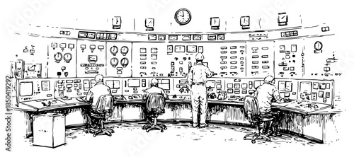 Industrial control room interior with operators monitoring analog dashboard panels
