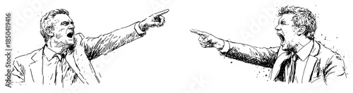 Two angry businessmen shouting and pointing fingers in sketch style
