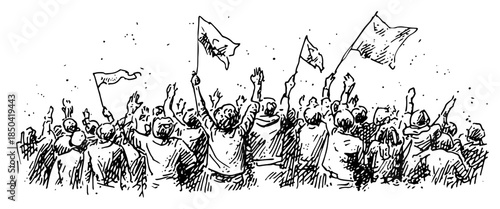 Crowd of people protesting with flags and banners vector sketch