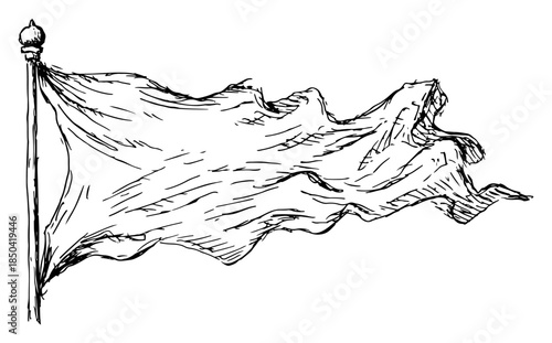 Waving tattered flag on a pole isolated vector sketch drawing