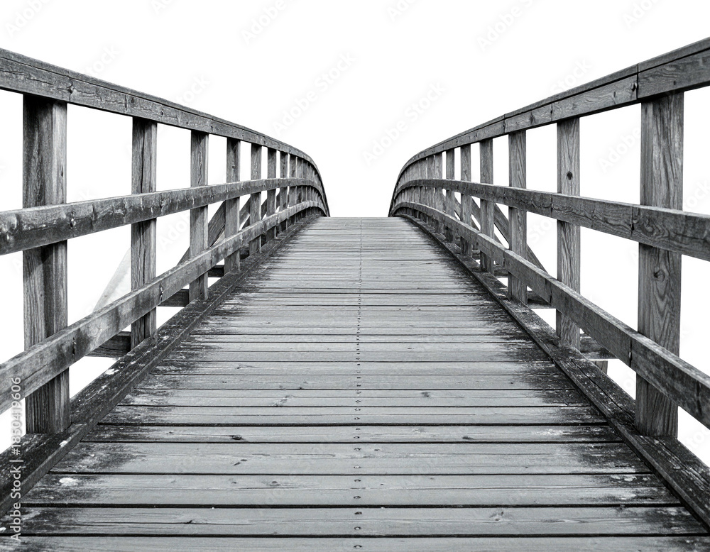 Fototapeta premium Monochrome perspective view of a wooden bridge with railings, leading the eye into the void