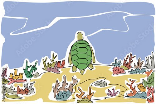 Single one line drawing turtle sitting on coral reef. Environmental degradation. Loss of natural habitats. Real extinction. National Endangered Species Day. Continuous line design graphic illustration