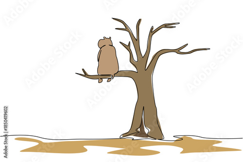 Single one line drawing hippopotamus sitting on dry tree branch. Loss of ecosystem. Loss of habitat. From rare to extinct. National Endangered Species Day. Continuous line design graphic illustration