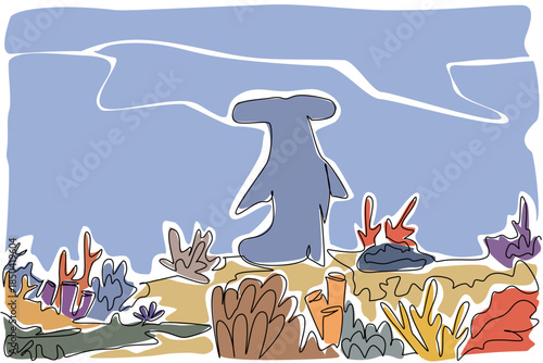 Single continuous line drawing rear view, hammerhead shark sits on coral reef. Environmental degradation. Loss of natural habitats. National Endangered Species Day. One line design vector illustration