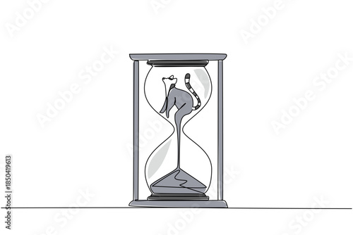 Single continuous line drawing lower body of the lemur is sucked by the sand in the hourglass. The forest is severely damaged. National Endangered Species Day. One line design vector illustration