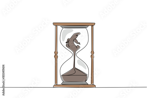Single continuous line drawing lower body of komodo dragon is sucked by the sand in the hourglass. Habitat destruction. Extinct. National Endangered Species Day. One line design vector illustration