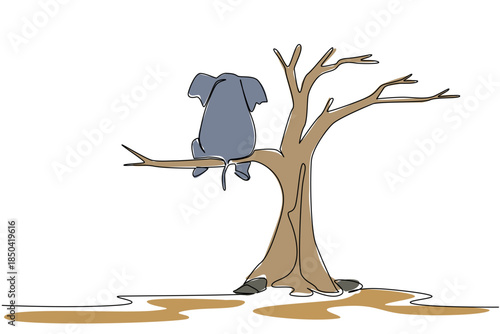 Single one line drawing elephant sitting on large dry tree branch. Massive poaching targets ivory. Climate change. Extinct. National Endangered Species Day. Continuous line design graphic illustration