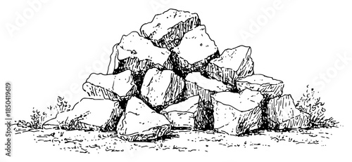 Pile of heavy stone boulders and rocks in sketch style