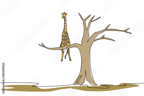 Single one line drawing giraffe sitting on a big dry tree branch. Loss of natural habitat. Climate change is too extreme. National Endangered Species Day. Continuous line design graphic illustration