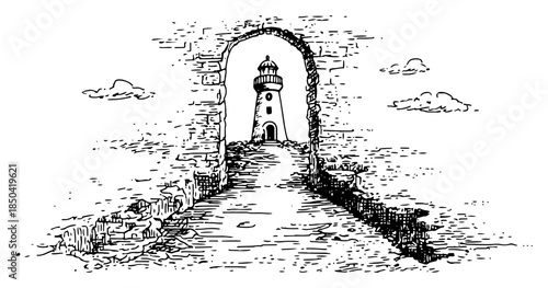 View of a lighthouse through an ancient stone archway near the sea
