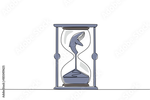 Single one line drawing lower body of blue whale is sucked by the sand in the hourglass. Detrimental commercial hunting. National Endangered Species Day. Continuous line design graphic illustration