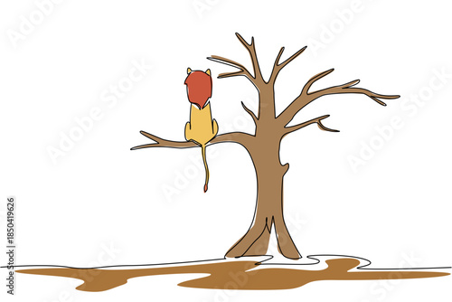 Continuous one line drawing lion is sitting on a big dry tree branch. The food chain is slowly changing. Bad adaptation. National Endangered Species Day. Single line draw design vector illustration