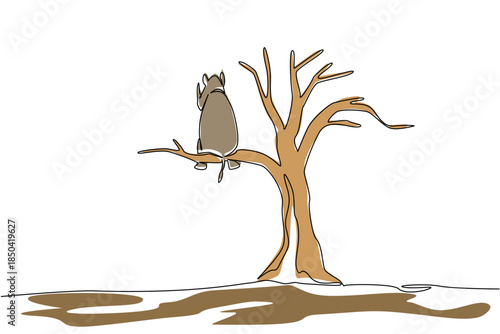 Single continuous line drawing rhinoceros sitting on a large dry tree branch. Endemic animals receive less attention. Extinction. National Endangered Species Day. One line design vector illustration