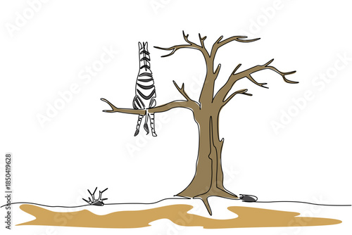 Single continuous line drawing zebra sitting on a big dry tree branch. Illegal trade. Poaching. Human egocentrism. Slowly extinct. National Endangered Species Day. One line design vector illustration
