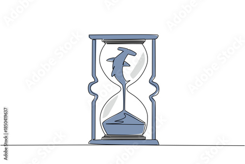 Continuous one line drawing lower body of hammerhead shark is sucked by the sand in the hourglass. Excessive fin hunting. National Endangered Species Day. Single line draw design vector illustration