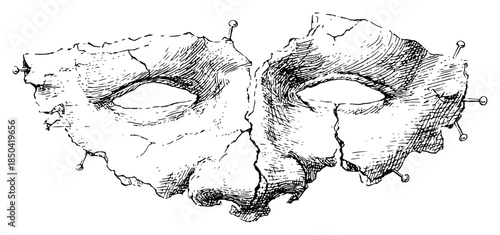Creepy broken face mask with cracks and pins vector sketch