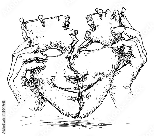 Hands holding two halves of a broken face mask revealing a crack