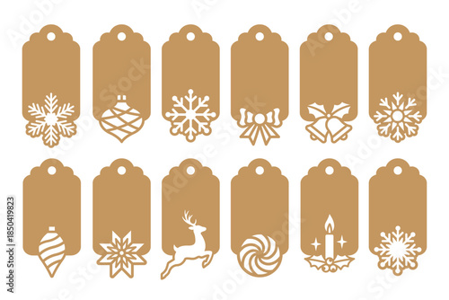 Set of decorative Christmas tags. Vector templates for cutting. New Years and winter holidays shapes stencils. Craft paper or cardboard label for gift wrapping. Price and discount tag, name card