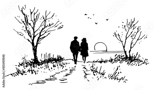 Couple walking away on path towards sunset vector sketch