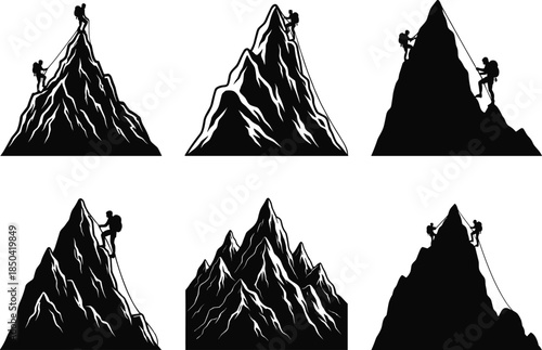 Mountain Climbing Silhouette Vector Set, Black and White Adventure Illustrations, Climbers on Peaks, Outdoor Exploration, Extreme Sports, Rugged Terrain Icons