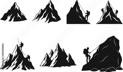 Mountain Climbing Silhouette Vector Set, Black and White Adventure Illustrations, Climbers on Peaks, Rugged Terrain, Outdoor Exploration, Extreme Sports, Rock Ascents