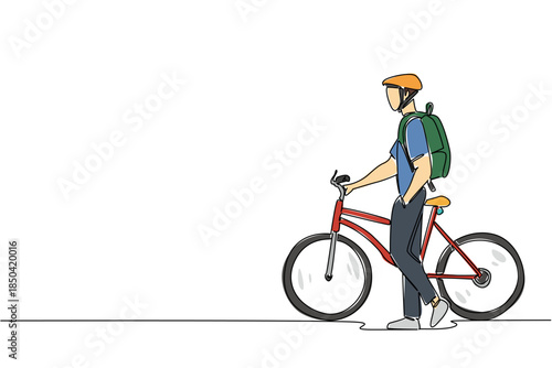 Single continuous line drawing businessman with bicycle helmet, carrying backpack and pushing his bicycle. Take a walk, take a break. National Bike to Work Day. One line design vector illustration