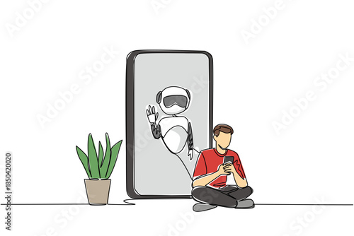 Single one line drawing man sits cross legged holds a smartphone and big smartphone with robot. Consumer convenience. International Virtual Assistants Day. Continuous line design graphic illustration