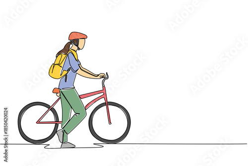 Continuous one line drawing businesswoman with bicycle helmet, carrying backpack and pushing her bicycle. Take a break. Biker. National Bike to Work Day. Single line draw design vector illustration