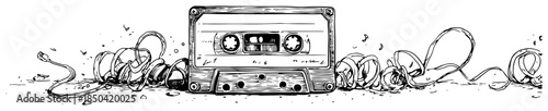 Retro audio cassette tape with tangled unraveled magnetic tape