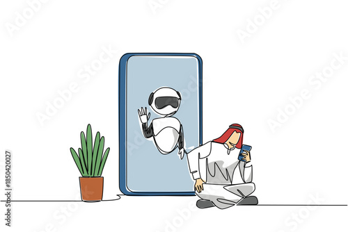 Continuous one line drawing Arab man sits cross legged holds smartphone and big smartphone with robot. Advanced tech. International Virtual Assistants Day. Single line draw design vector illustration