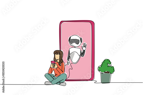 Single continuous line drawing woman sits cross legged holds a smartphone and big smartphone with robot. Customer care. Help. International Virtual Assistants Day. One line design vector illustration