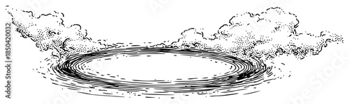 Large whirlpool vortex in water with rising mist vector sketch