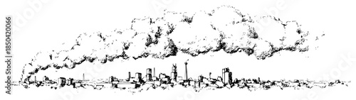 Panoramic city skyline with heavy industrial smoke clouds in sketch style