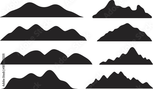 Mountain silhouette vector collection, black ridge icons, jagged and smooth peaks, nature landscape design, terrain profile illustration, outdoor graphic elements