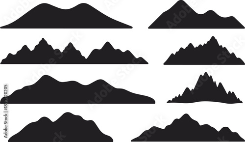 Mountain silhouette vector collection, black ridge icons, jagged and smooth peaks, landscape design elements, nature illustration, terrain profile, white background