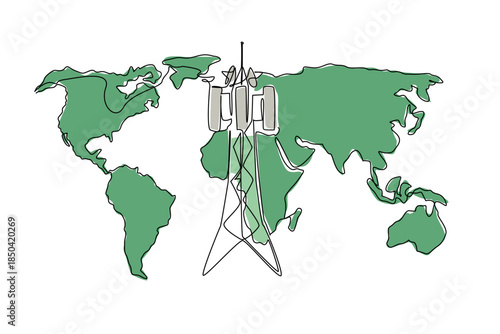 Single one line drawing transmitter tower with world map background. Satellite coverage is widespread. World Telecommunication and Information Society Day. Continuous line design graphic illustration