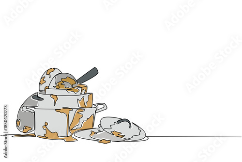 Single continuous line drawing pile of dirty pots and lids. Washing used eating utensils will take a lot of time. Germs. Dirty. Chore. National No Dirty Dishes Day. One line design vector illustration