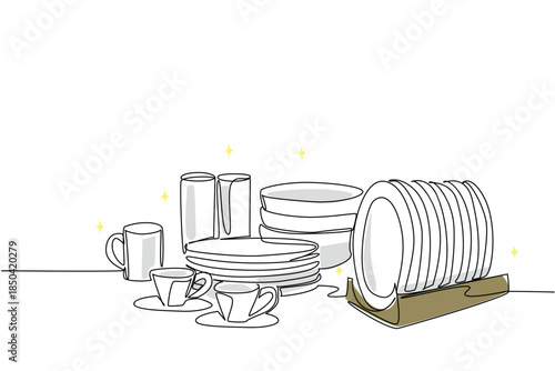 Single one line drawing rows of plates, bowls, mugs and cups. Arrange carefully. Order. According to function. Dinner event. National No Dirty Dishes Day. Continuous line design graphic illustration