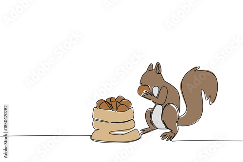 Continuous one line drawing squirrels eat walnuts and small sacks full of walnuts. Food to maintain squirrel dental health. Energy. National Walnut Day. Single line draw design vector illustration