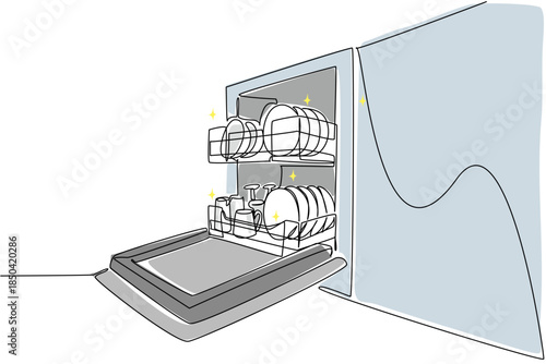 Single continuous line drawing rows of plates, bowls, glasses, mugs in an open dishwasher. Clean and neat kitchen layout. Modern. National No Dirty Dishes Day. One line design vector illustration