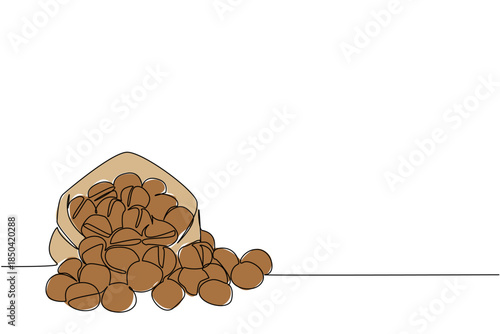 Single continuous line drawing walnuts in a paper bag and some scattered. Tens or even hundreds of walnuts from the harvest. High in nutrition. National Walnut Day. One line design vector illustration