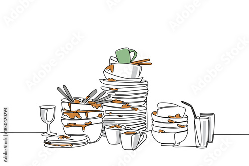 Continuous one line drawing pile of dirty plates, bowls, mugs and cups. Large family meal with invited guests. Manual washing. National No Dirty Dishes Day. Single line draw design vector illustration