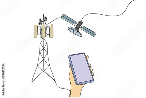 Continuous one line drawing hand holds smartphone and pointing at transmitter tower. Progress of times. World Telecommunication and Information Society Day. Single line draw design vector illustration