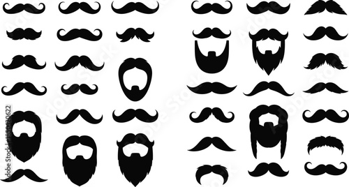 Mustache and beard silhouettes set, vintage barber shop collection, hipster facial hair styles, black vector illustration, retro fashion elements for design.